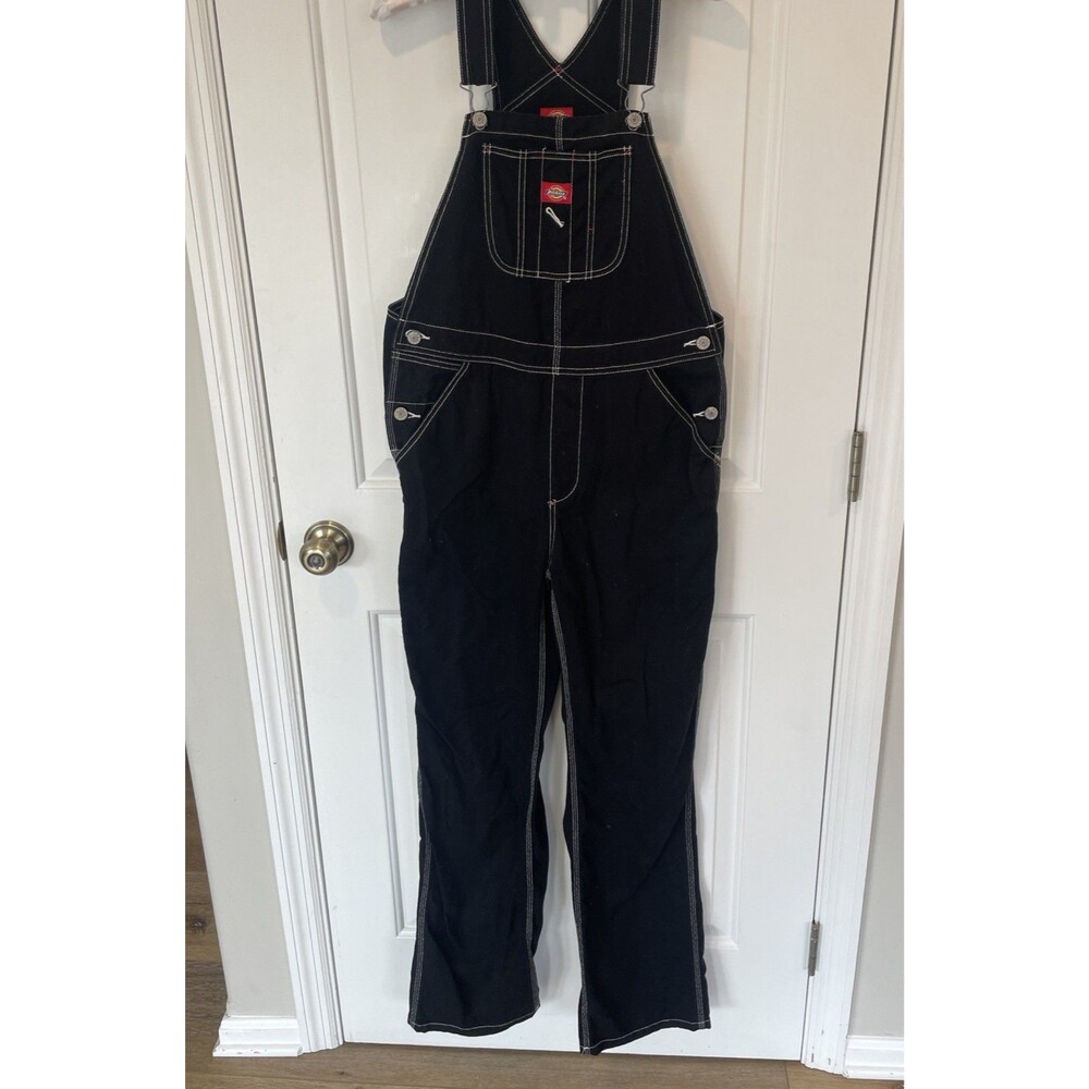 Dickies Women’s Black Contrast Stitch Carpenter Bib Overalls Cotton Medium - Picture 5 of 10